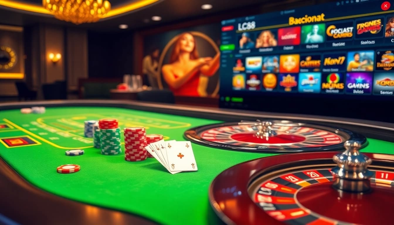 High-energy gaming table scene at LC88 featuring vibrant chips and roulette wheel.