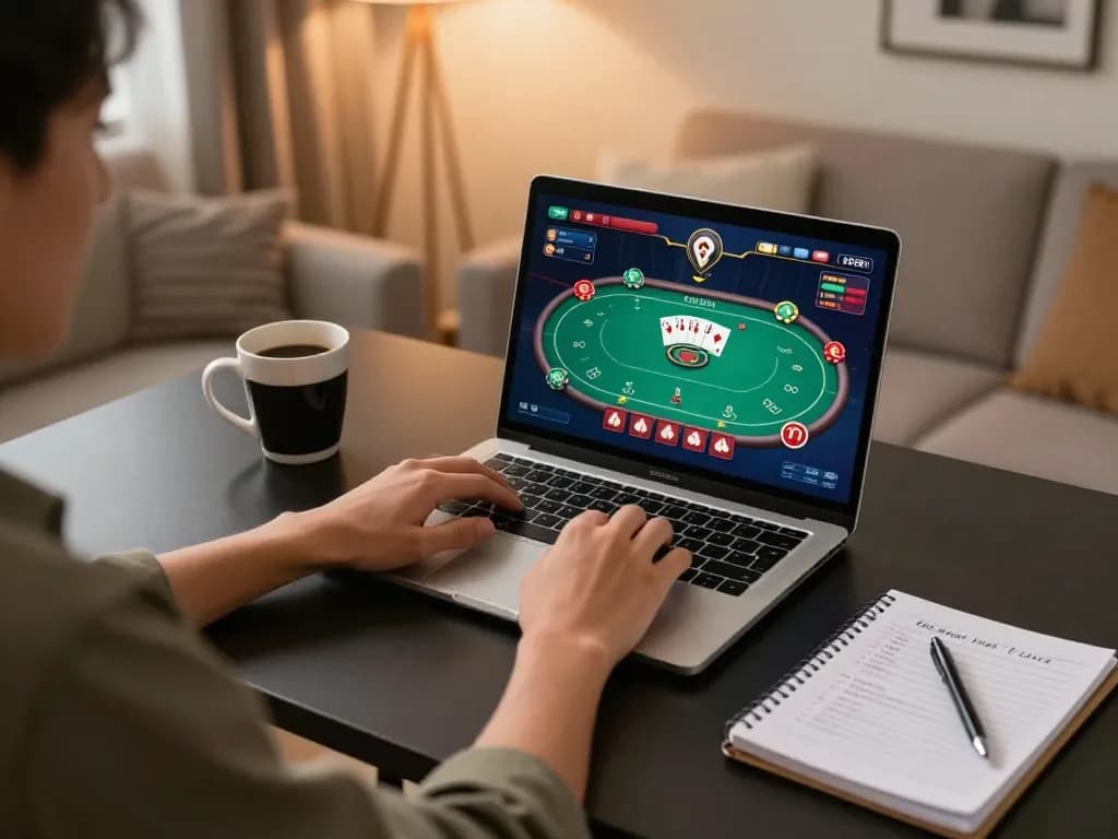 Engaging online poker gameplay at home setup showcasing ทางเข้า m122 with a strategic focus and cozy environment.