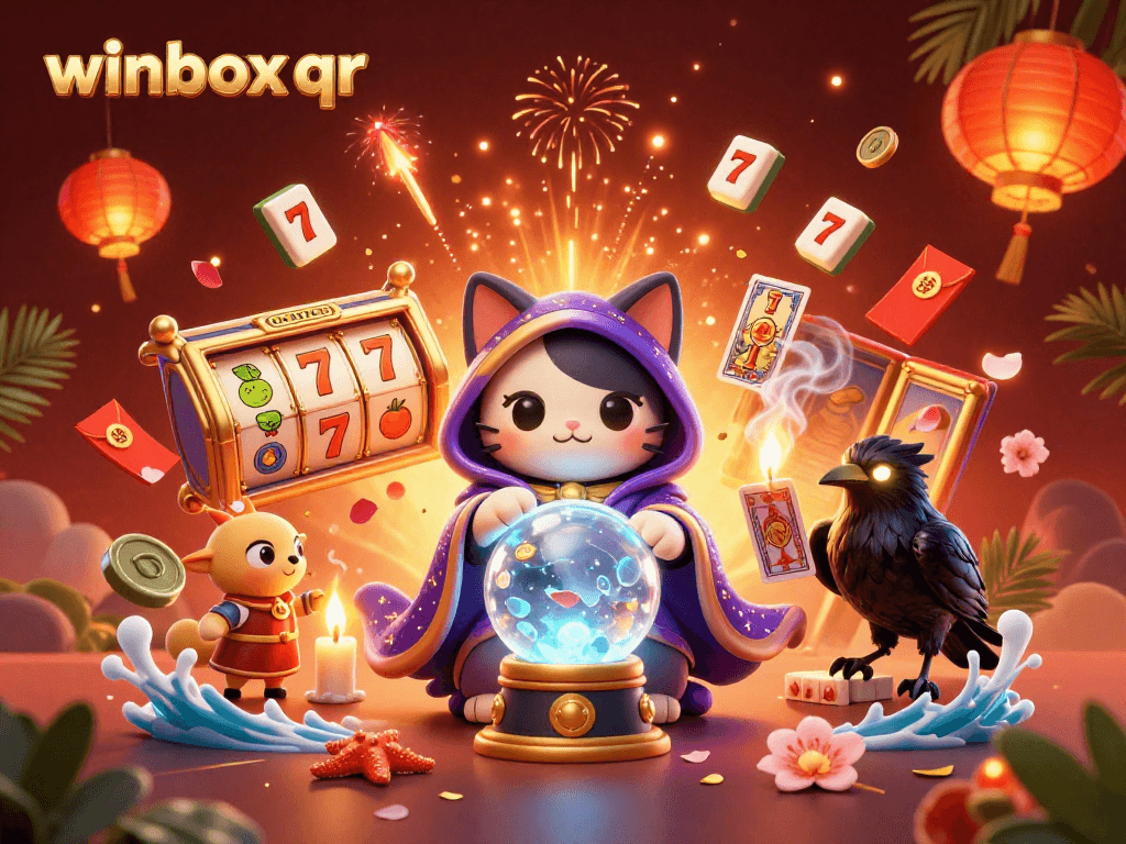 Engage with winbox qr for exciting slots, featuring vibrant characters and dynamic casino elements.