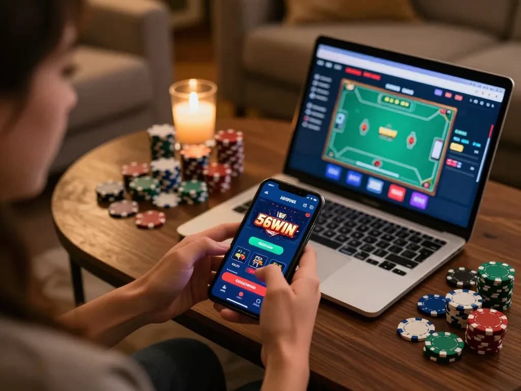Player using the 56WIN app on a smartphone at home, with gaming chips nearby, promoting engaging online gambling.