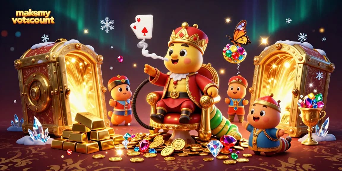 Engage in the vibrant world of makemyvotecount, showcasing a dazzling casino scene with poker symbols and treasures.