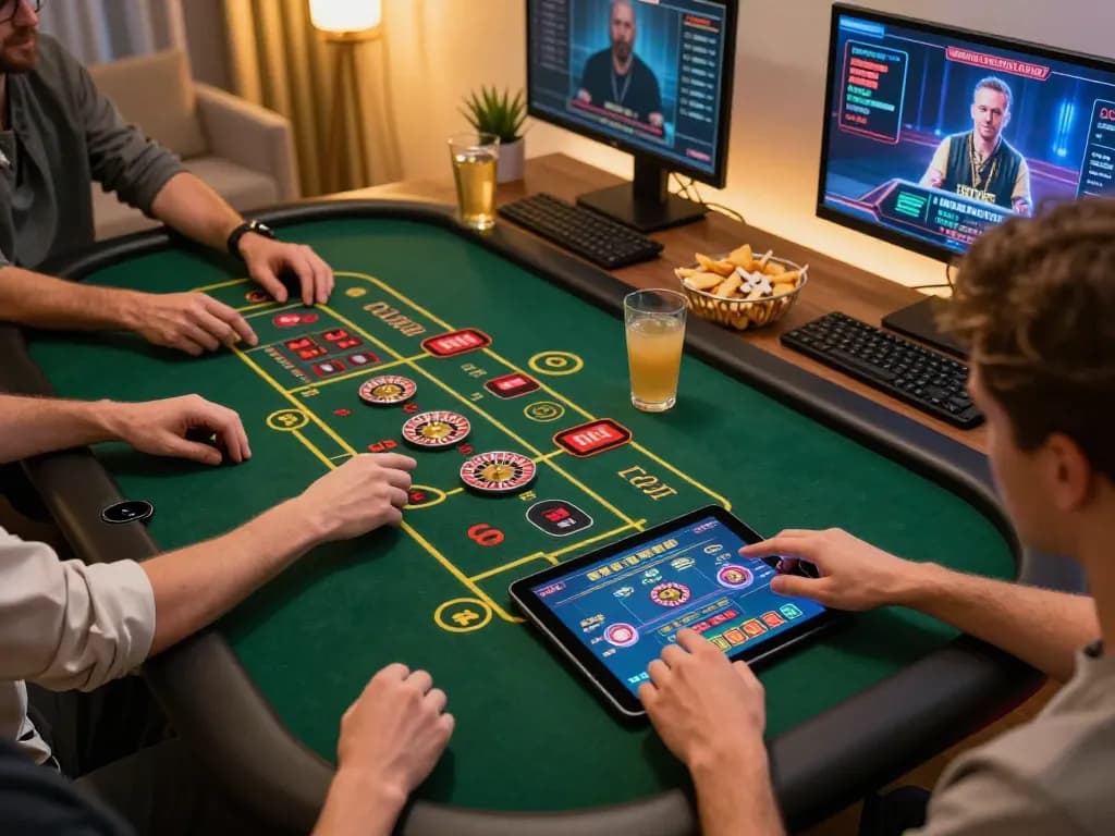 LIGA2000 players engaging in an intense online gambling session with live games displayed on tablet, showcasing responsible gaming.