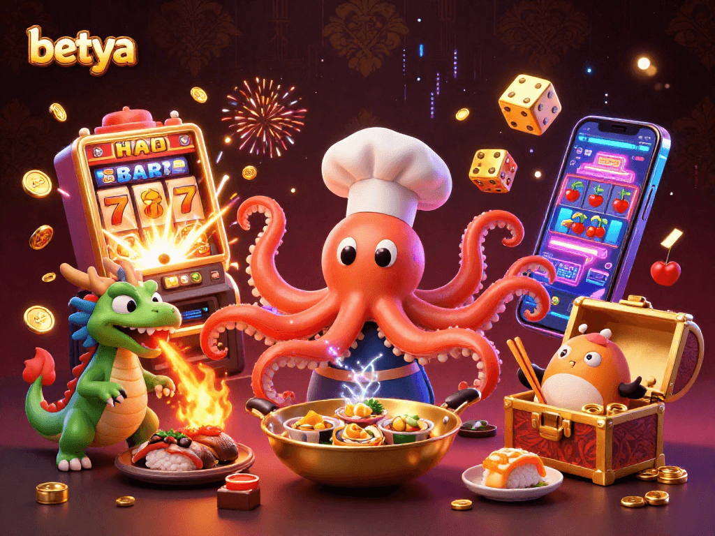 Engage with betya's vibrant gaming world through a dynamic 3D casino illustration.