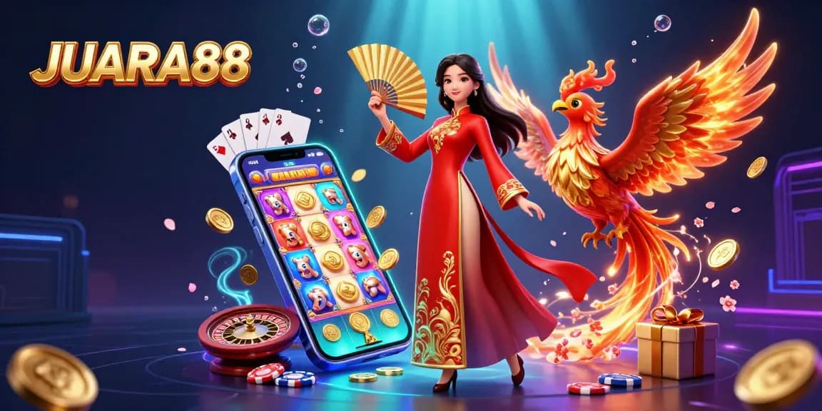 Experience JUARA88 with a vibrant 3D illustration showcasing an elegant woman and a phoenix surrounded by exciting casino elements.