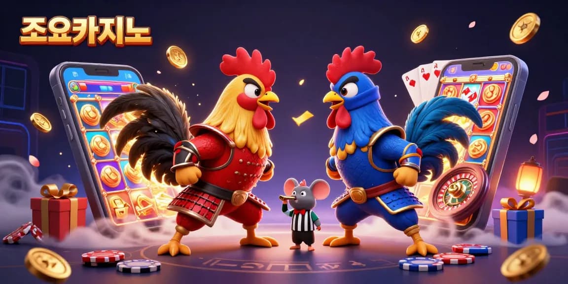 Engage with exciting games at 조이카지노, showcasing a battle of roosters amidst vibrant casino elements.