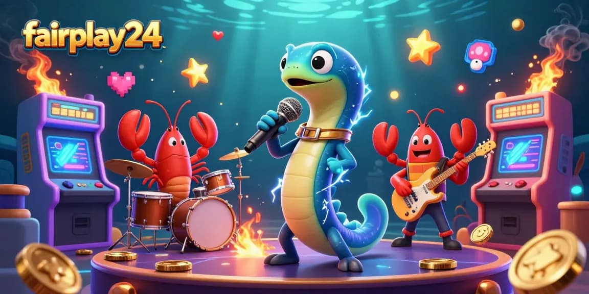 Bet on fairplay24 with vibrant underwater casino illustration featuring an electric eel DJ and band.