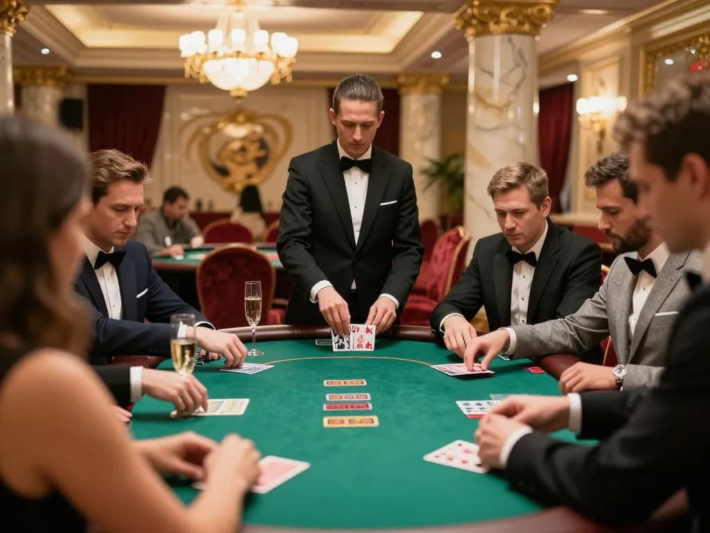 gameradar analyzing poker hands during a high-stakes game in a luxurious casino setting