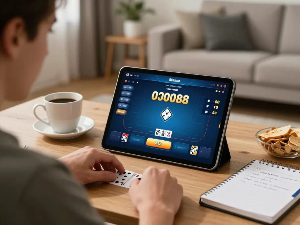 Engaging gameplay experience on Domino88 poker online, showing a player strategizing in a cozy home setting.