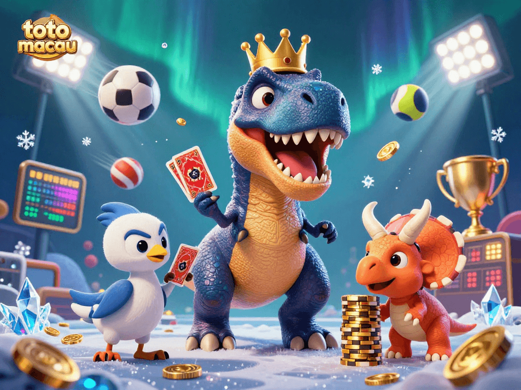 Engage in thrilling toto macau betting with a fun T-Rex and friends in a vibrant casino scene.