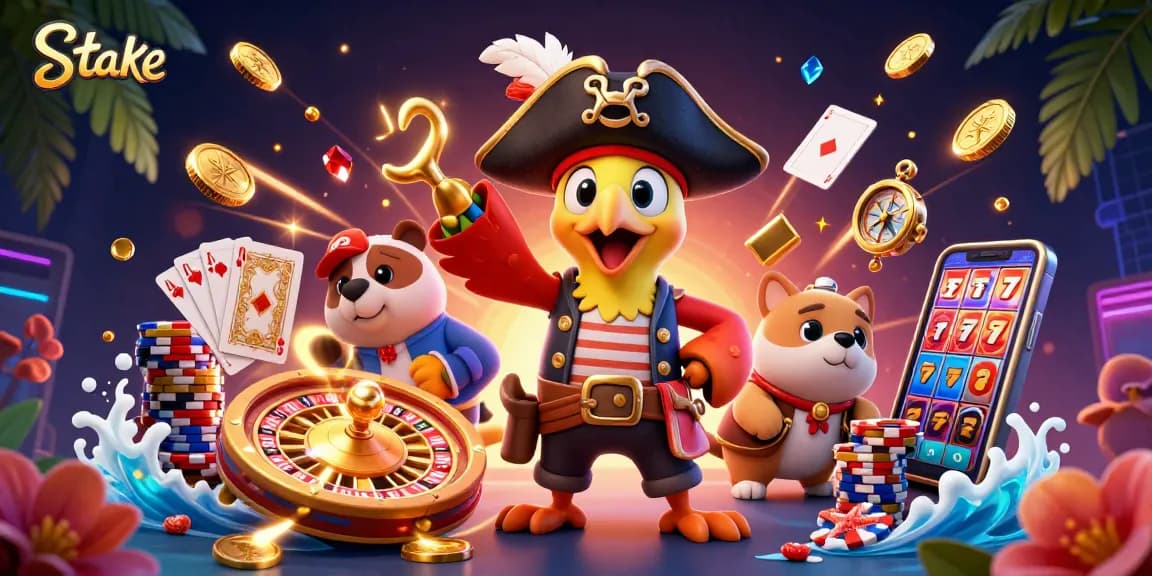 Win big with Stake in this vibrant casino scene filled with lively characters and action.