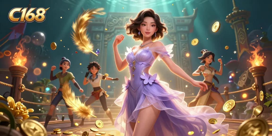 C168 gaming illustration showcasing vibrant casino elements and stunning visuals of play, featuring dynamic characters and golden coin action.