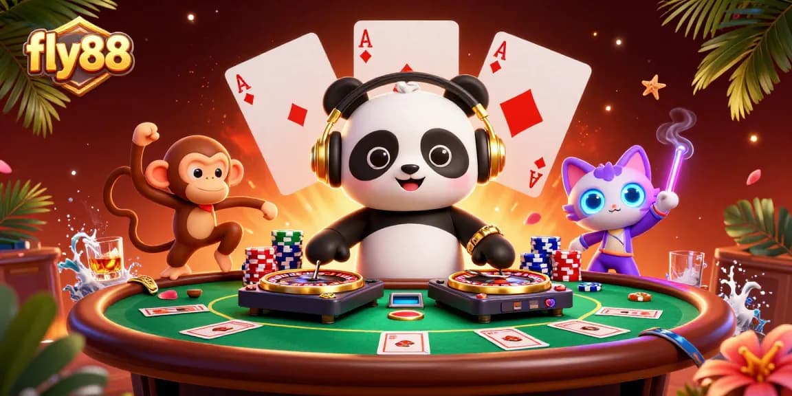 Experience the vibrant gaming scene with fly88, showcasing playful characters in a dynamic casino atmosphere.