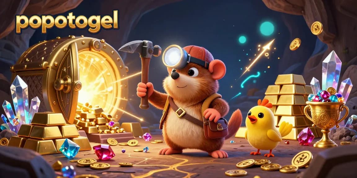 Engage with popotogel's thrilling winnings in a vibrant 3D treasure hunt scene full of gems and gold.