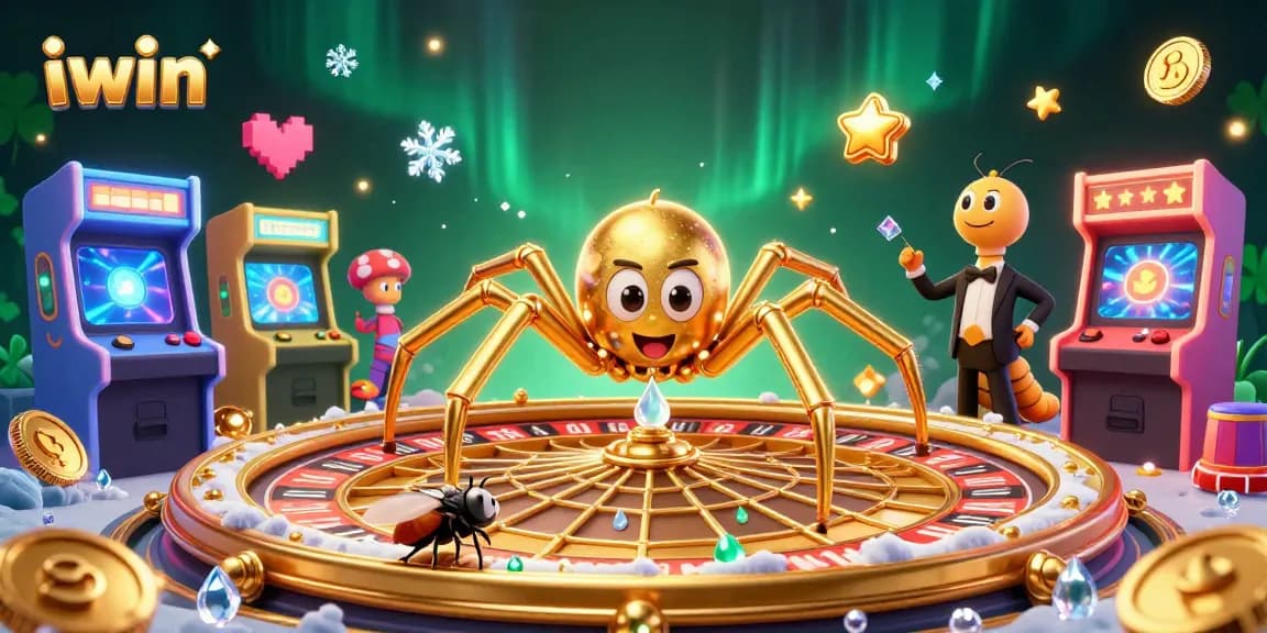 Spin and win at iwin's casino with a golden spider and vibrant gaming elements.