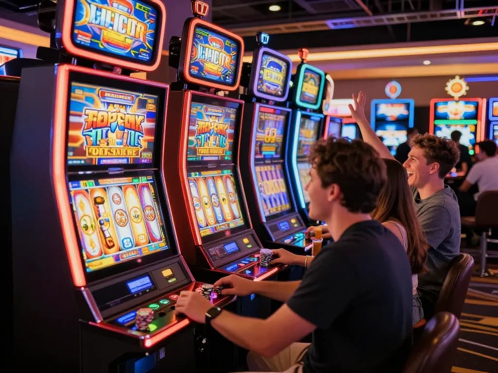 Pemain yang terlibat merayakan kemenangan di mesin slot yang cerah dalam suasana kasino yang hidup