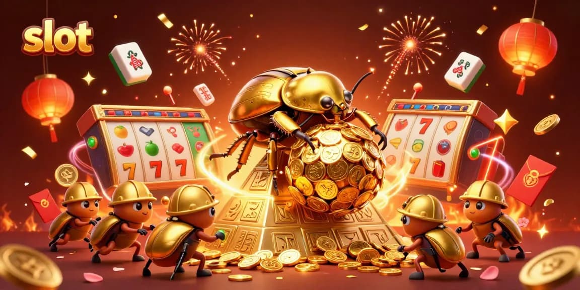 Putaran slot yang menarik dengan simbol keberuntungan di latar belakang yang indah.