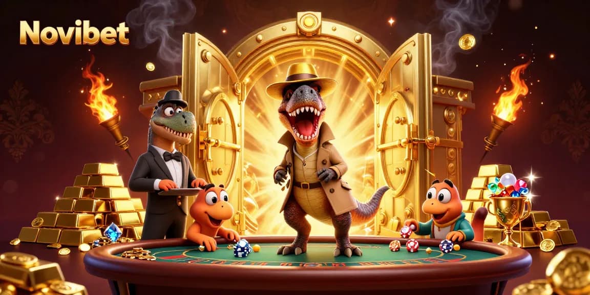 Experience thrilling gameplay at Novibet with a cartoon velociraptor at the blackjack table.
