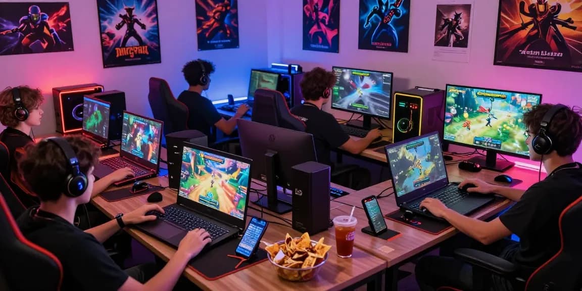 Exciting gaming environment at CIKA4D platform showcasing diverse players deeply engaged in digital gameplay, surrounded by vibrant atmosphere and fast devices.