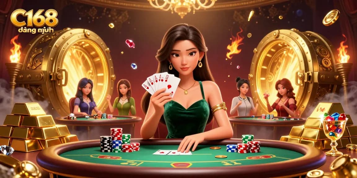 C168 đằng nhập poker scene showcasing a beautiful Asian woman holding cards at an upscale casino table.