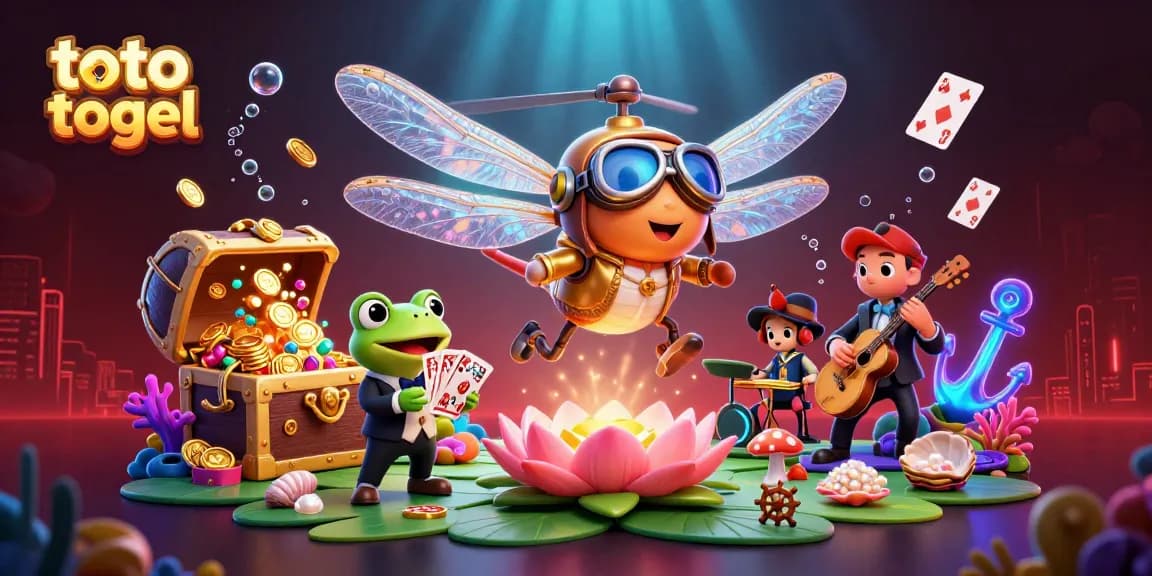 Experience thrilling toto togel gameplay with vibrant illustrations of a dragonfly pilot and frog dealer in a whimsical casino.