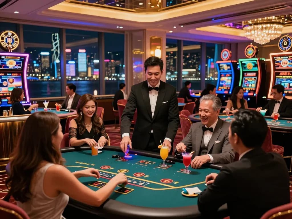 Exciting atmosphere of a casino in Hong Kong with colorful lights, guests enjoying games, and skyline views.