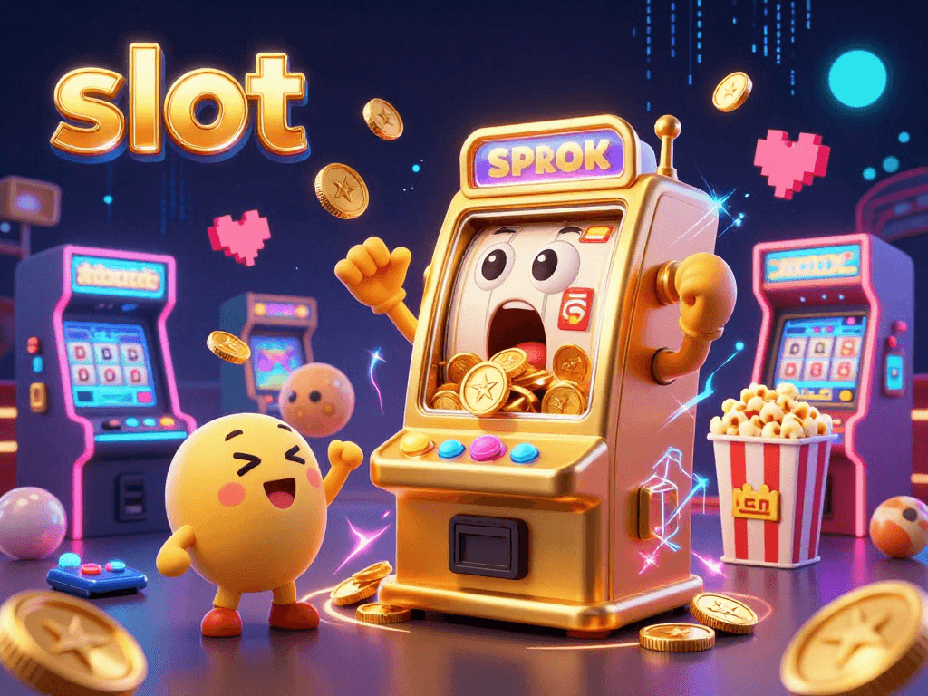 Experience captivating slot gameplay as a joyful slot machine hits a jackpot, surrounded by festive elements.