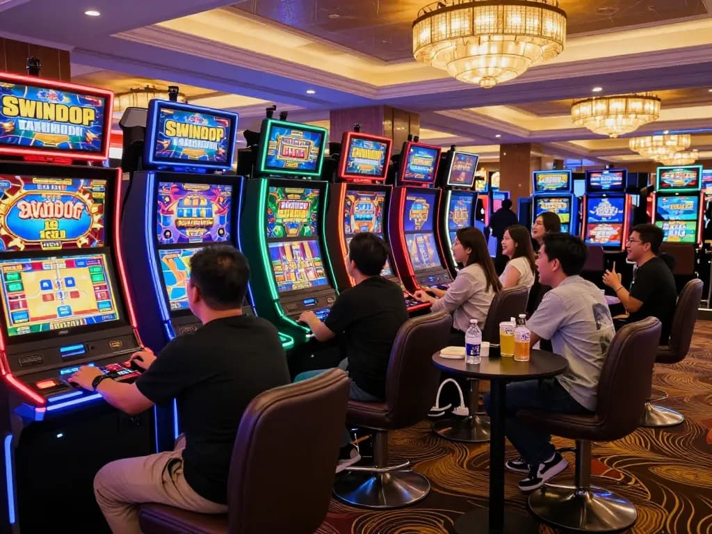 Suasana permainan situs slot gacor dengan teman-teman yang menikmati mesin slot kasino yang berwarna-warni dan atmosfer hiburan yang imersif.
