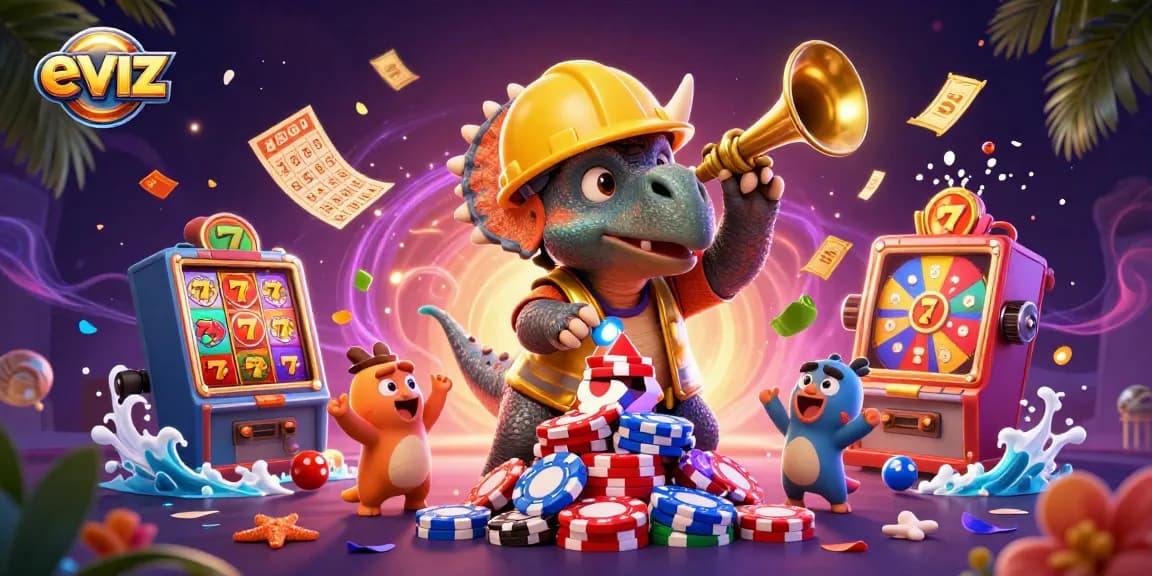 eviz showcases a vibrant casino scene with a joyful triceratops building poker chip pyramids, emphasizing gaming excitement.