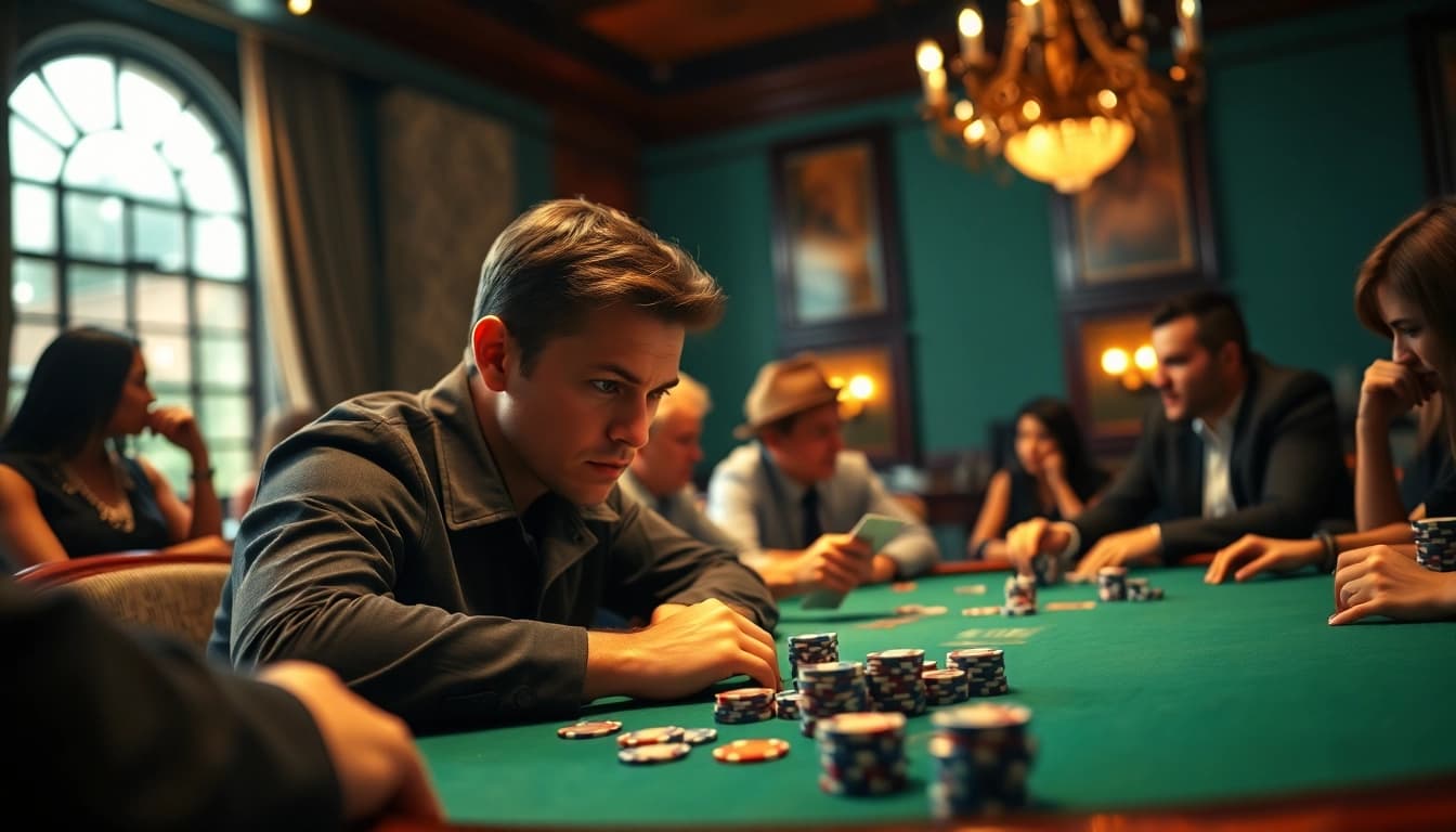 Engaged players in a vibrant poker game scenario, showcasing intense focus and camaraderie.