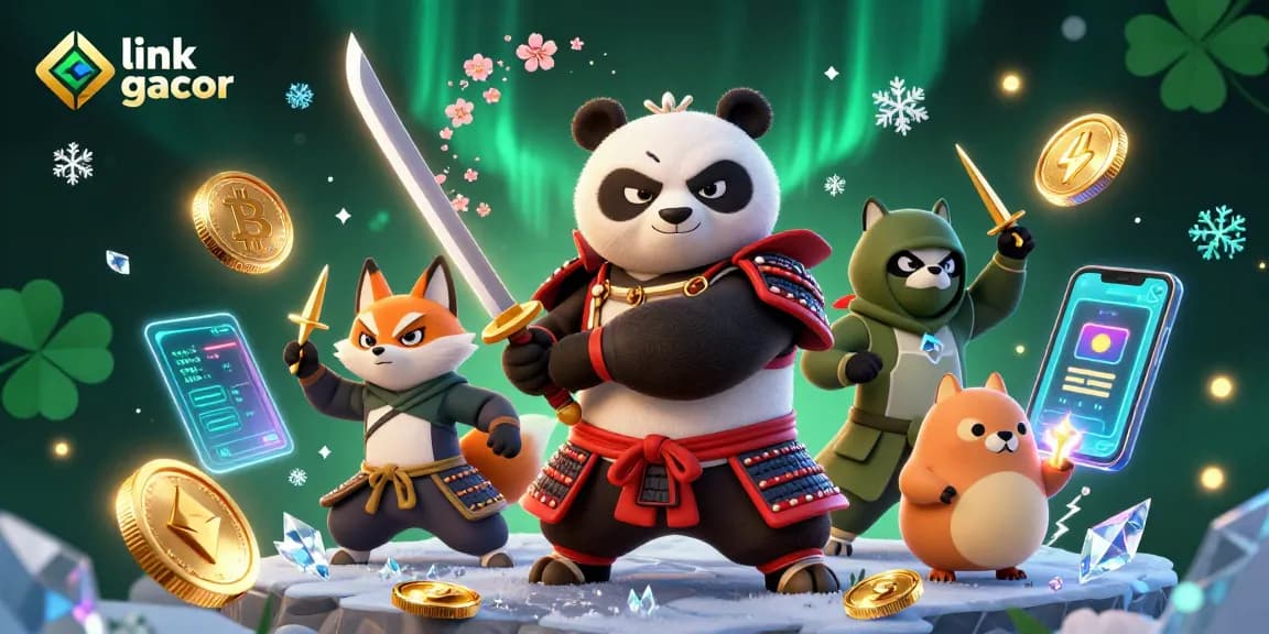 Mengakses link slot gacor dengan karakter unik seperti panda samurai dan rubah ninja dalam ilustrasi 3D yang dinamis.