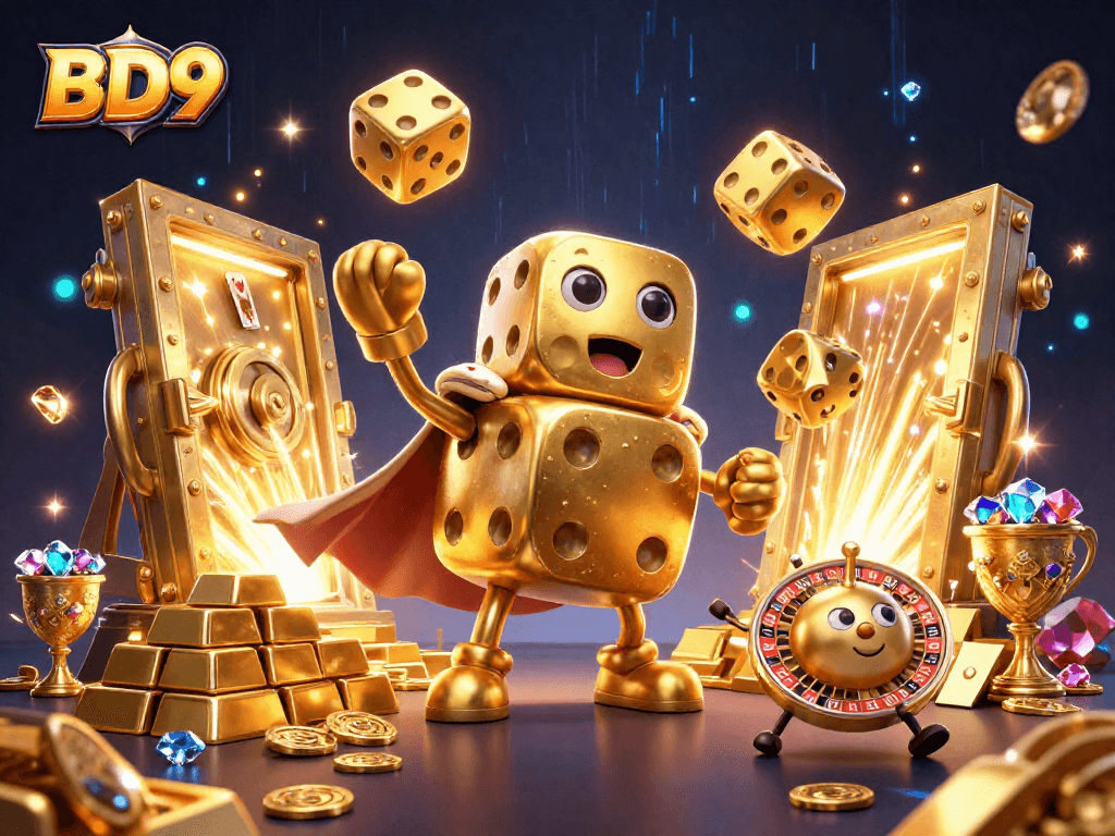 BD9 rolls golden dice in a vibrant casino-themed illustration, showcasing massive treasure in a lively atmosphere.