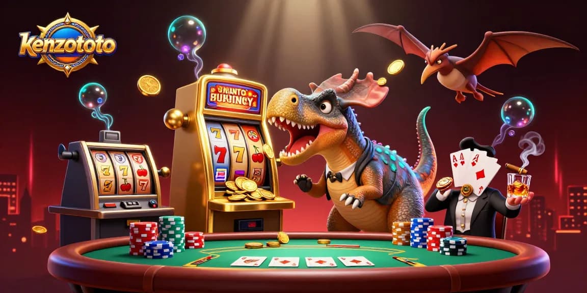 Kenzototo showcases a thrilling jackpot scene with vibrant cartoon dinosaurs and classic casino elements.