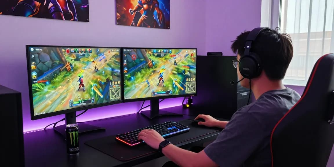 Engaged gamer at Mahajitu gaming setup with dual monitors and vibrant lighting.