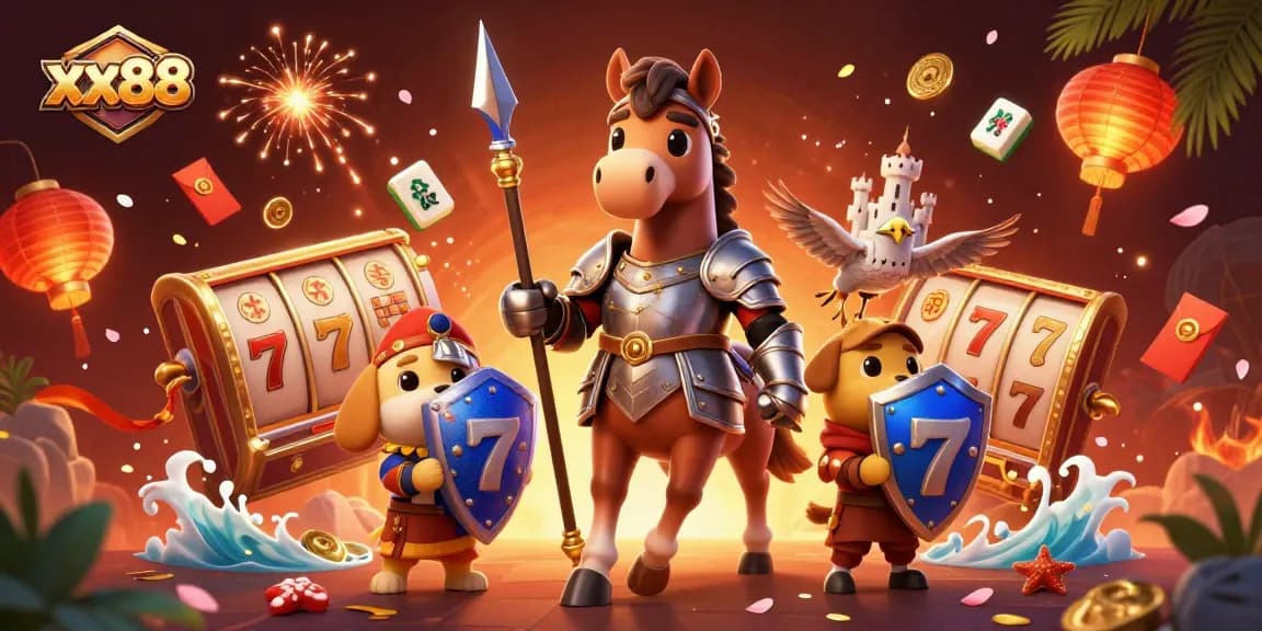 Experience thrilling gameplay at xx88 with a medieval knight, puppy, and falcon in a vibrant casino scene.