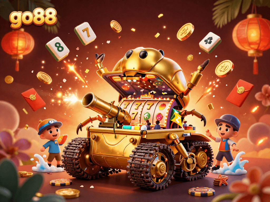 Engage with go88's vibrant 3D casino scene featuring lucky symbols and golden rewards.