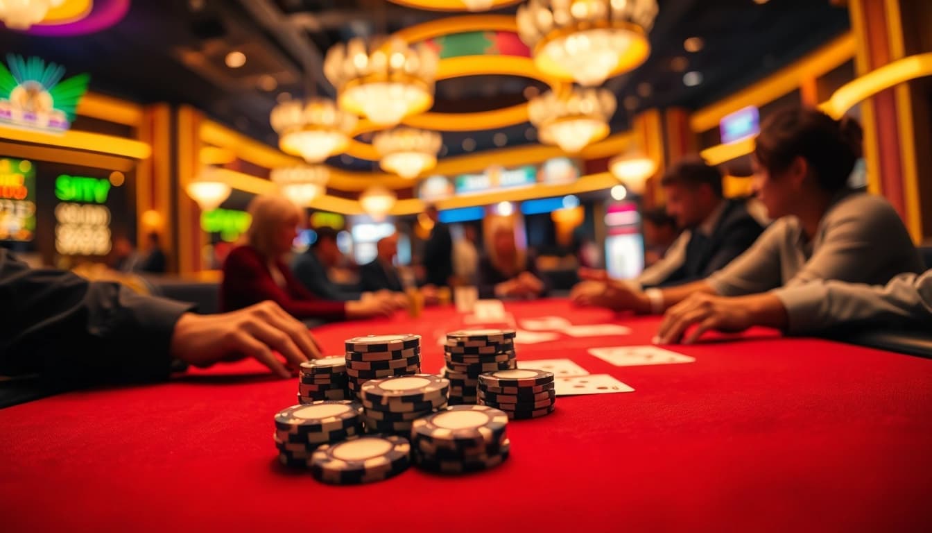 Engaging scene of Blackjack Casino players immersed in gameplay with cards and bets highlighted.