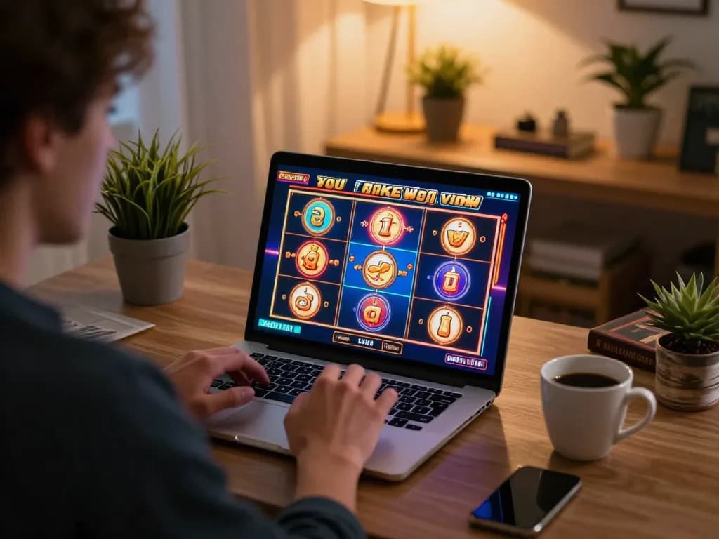 Engaged player spinning slots not on gamstop on a laptop at home, vibrant online casino atmosphere.