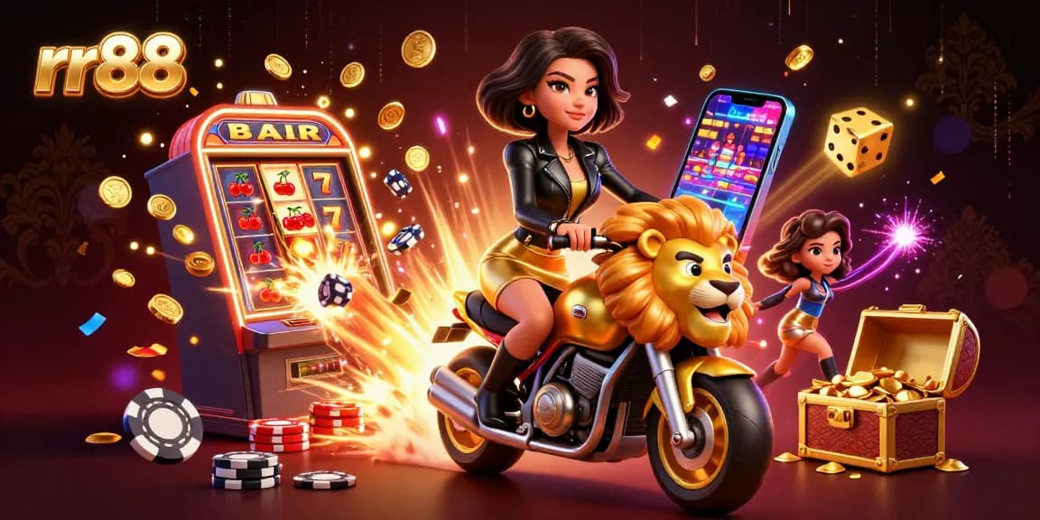 Experience thrilling games at rr88 with a glamorous woman riding a golden lion mascot amidst a vibrant casino atmosphere.