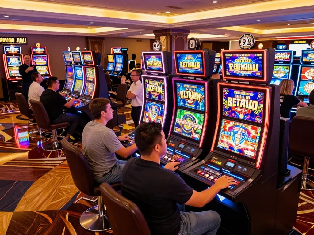 Players experiencing situs gacor slots excitement with vibrant lights and winning celebrations.