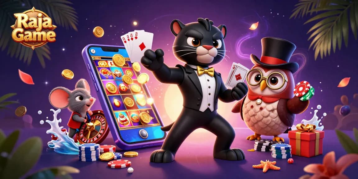 Play exciting games and win with Raja Game, a dynamic online gaming platform featuring vibrant characters.