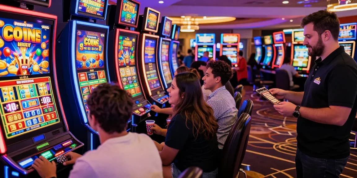 Engaging bonus buy slots gaming scene with players enjoying vivid slot machines, capturing excitement in a vibrant casino atmosphere.
