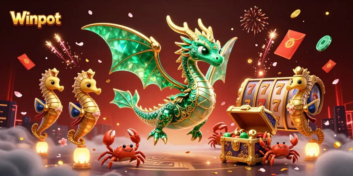 Winpot brings excitement with a vibrant 3D dragon illustration in a captivating casino setting.