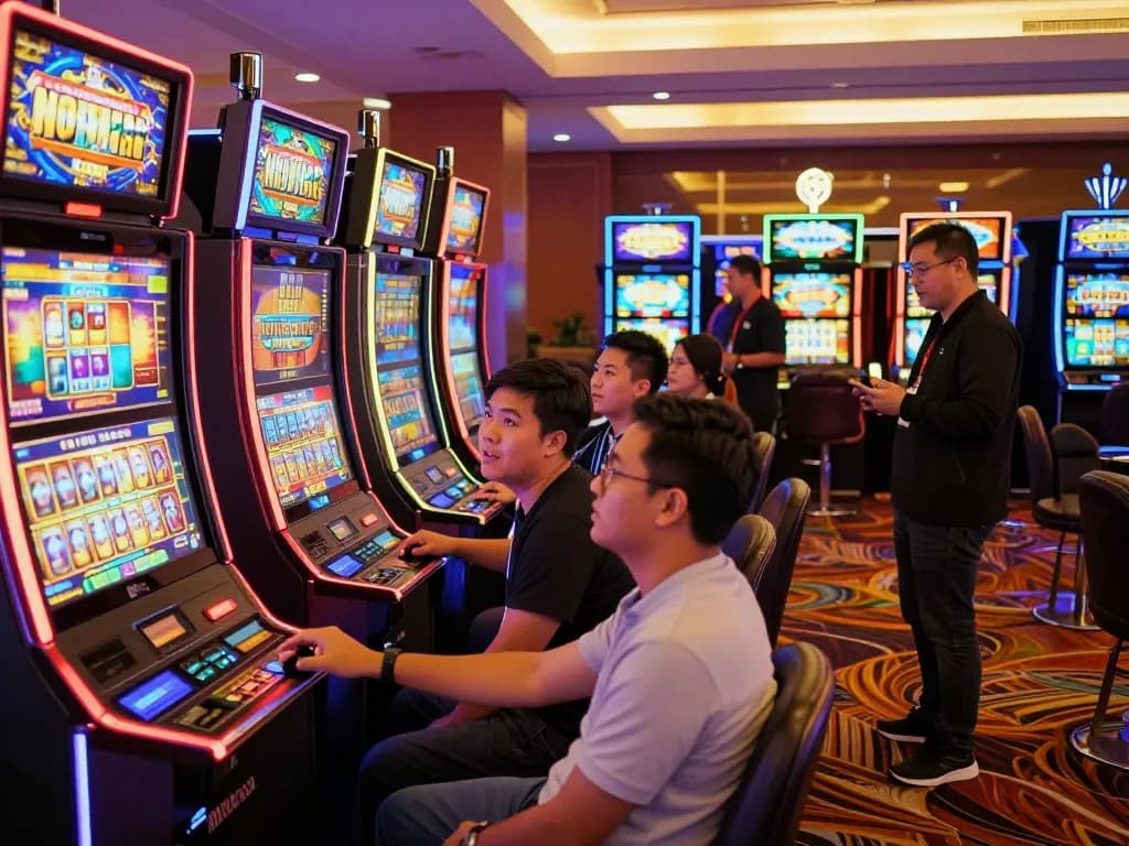 Enjoy the excitement of slot gacor hari ini at a vibrant casino slot machine area, players eagerly spinning reels.