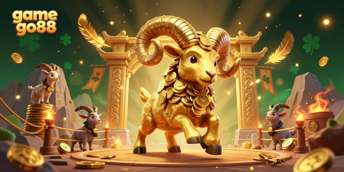 Experience the thrill of game go88 with a dynamic 3D illustration featuring a golden ram charging through a vibrant casino arena.