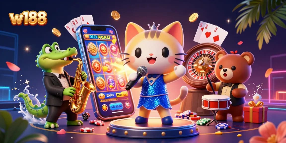 Play exciting slot games at w188 with vibrant characters and dynamic casino elements.