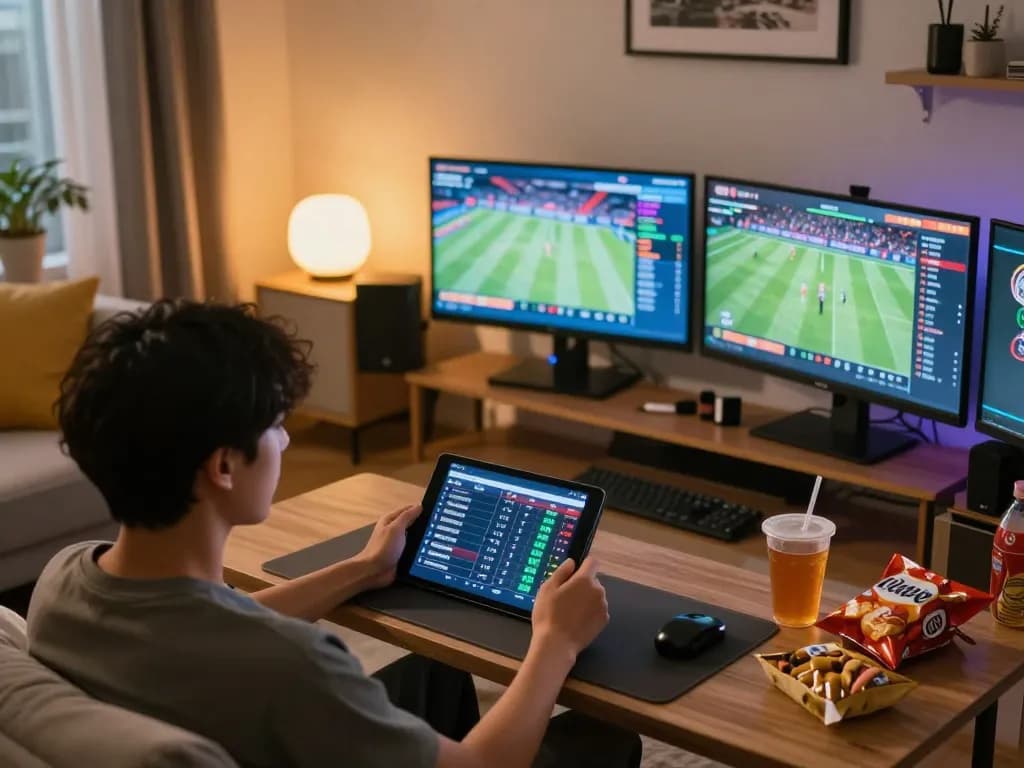 Tylebongda sports betting setup with person using tablet to place bets on live games