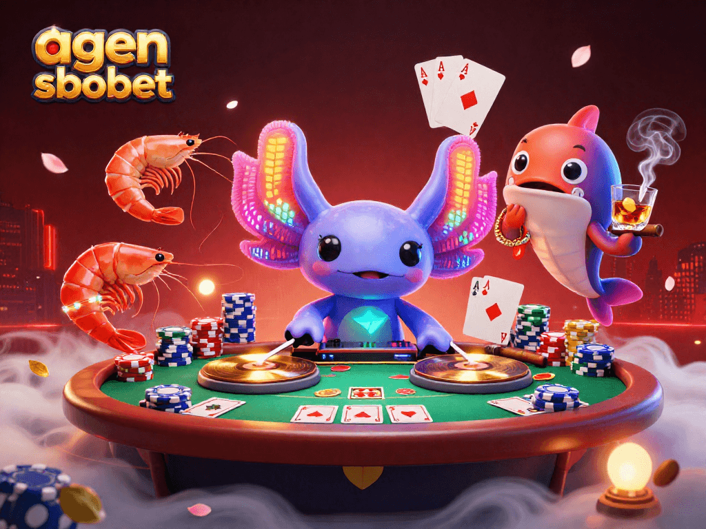 A dynamic scene depicting agen sbobet with a DJ axolotl and vibrant gambling elements.