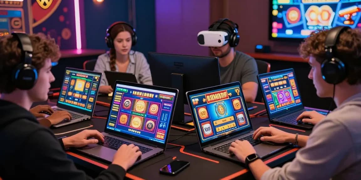 Players enjoy bonus buy slots at vibrant online casinos, engaging with colorful graphics on multiple devices.