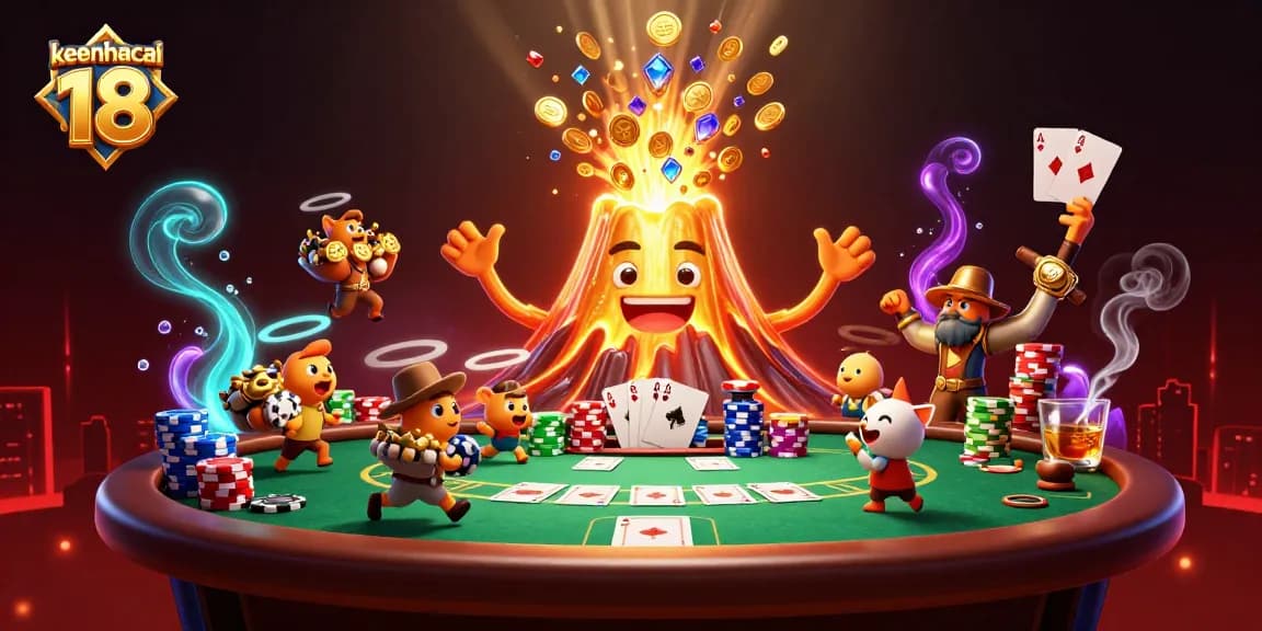 Engage with exciting treasures at keonhacai 18 featuring a triumphant golden volcano and poker action.