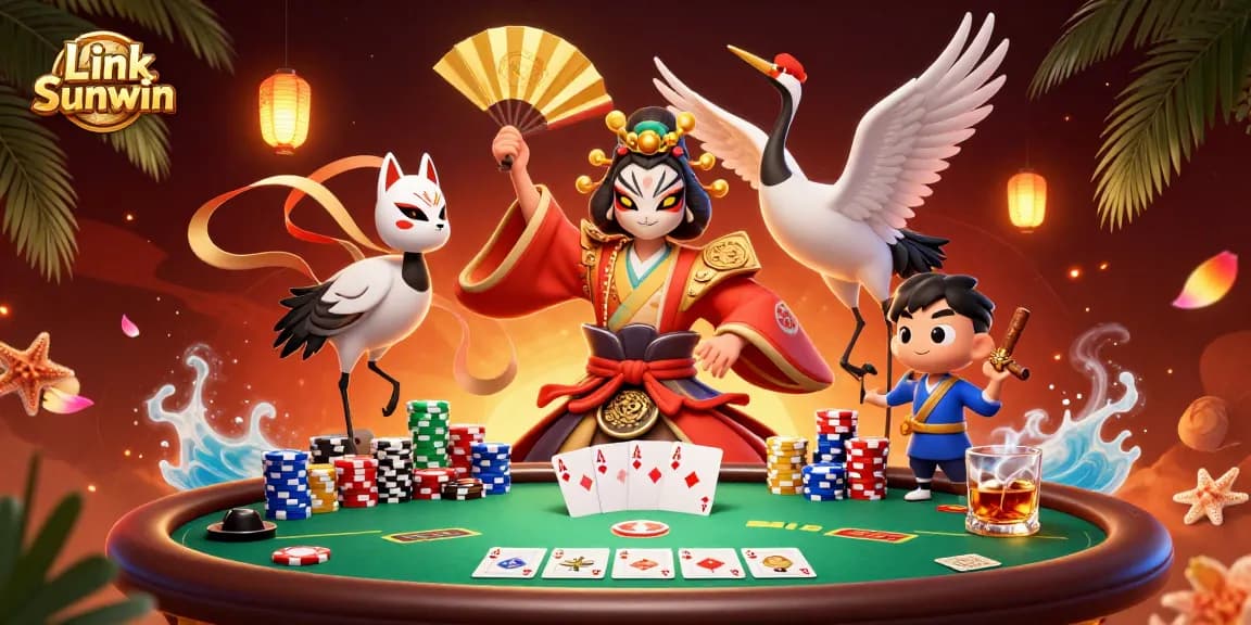 Engage with Link Sunwin at a thrilling poker table featuring vibrant characters and dynamic casino elements.